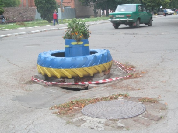 Ремонт по-черкаськи: провалля на дорозі затулили квітами (фотофакт)